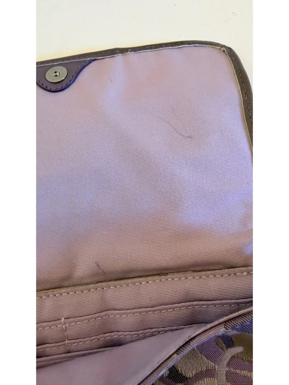 Coach Large Flap Wristlet Clutch Beige & Purple Signature C Logo Pattern